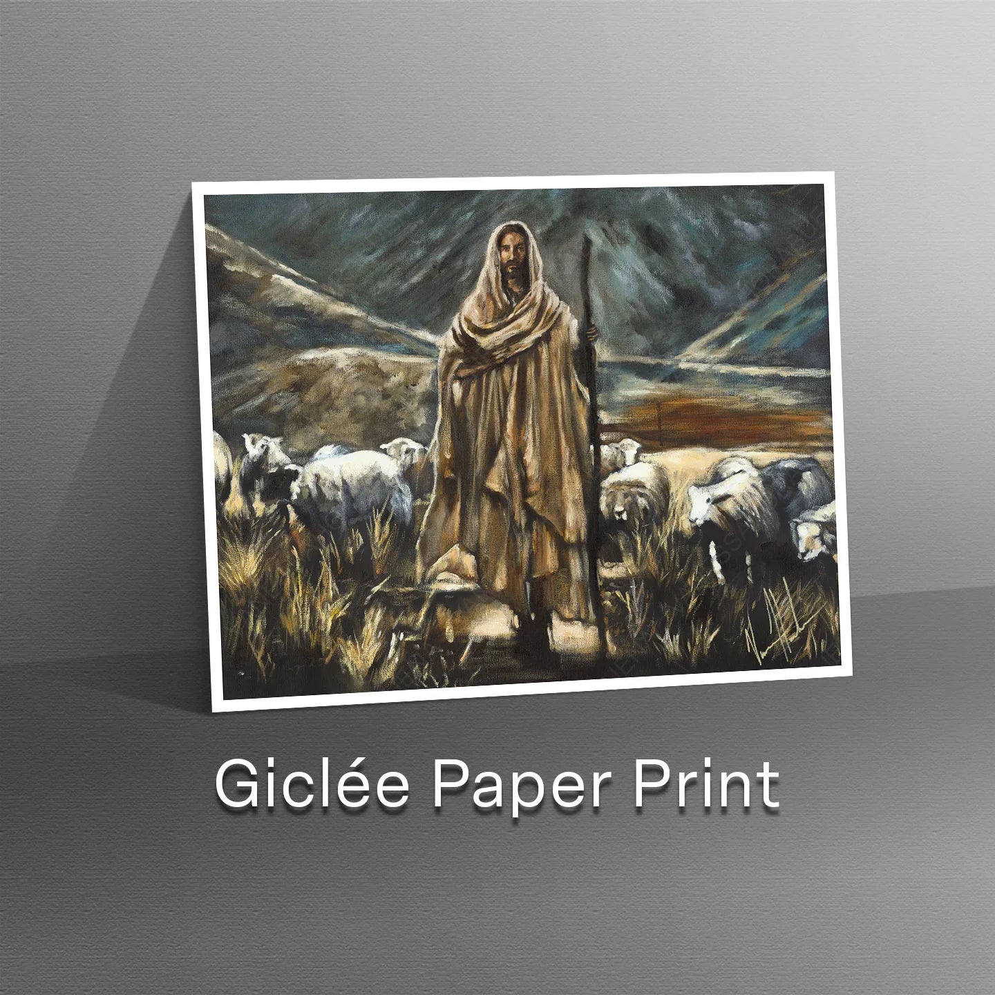 Framed wall art print with robed shepherd standing among sheep under stormy sky