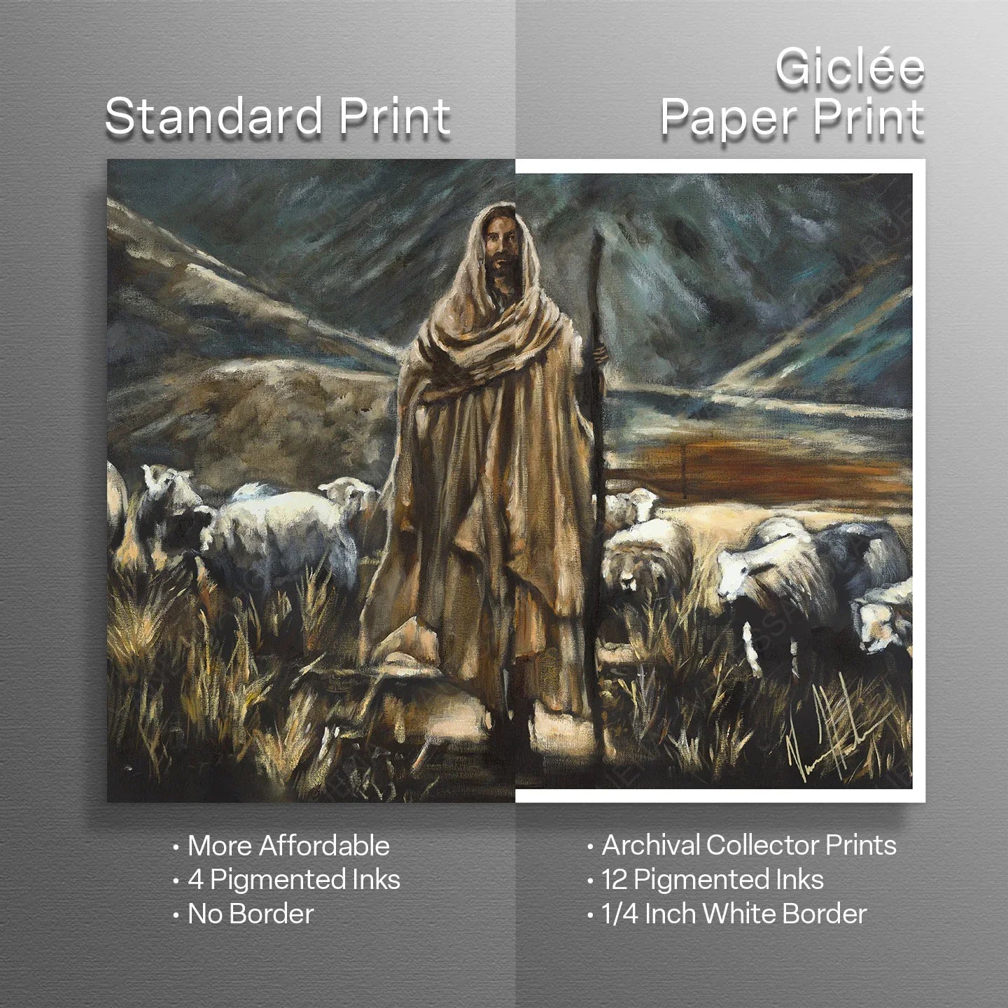 Wall art print comparison showing robed shepherd and sheep scene