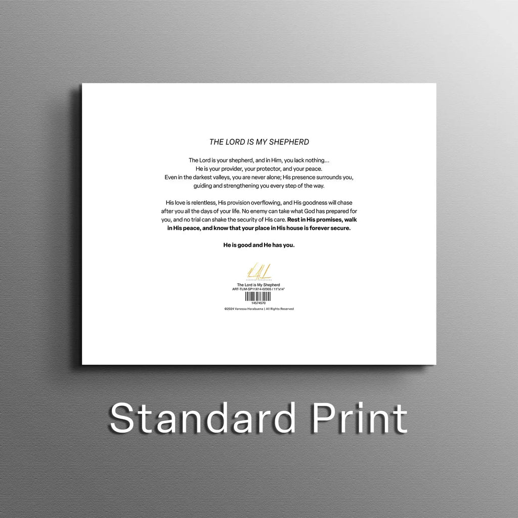 Printed back of wall art with prayer text and barcode label