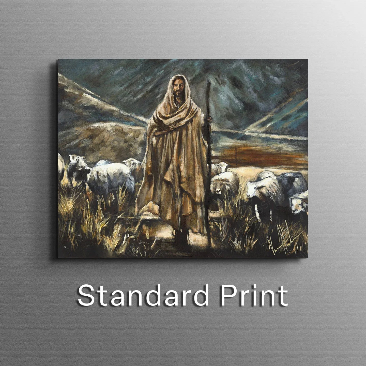 Framed wall art print of robed shepherd standing among sheep in a field