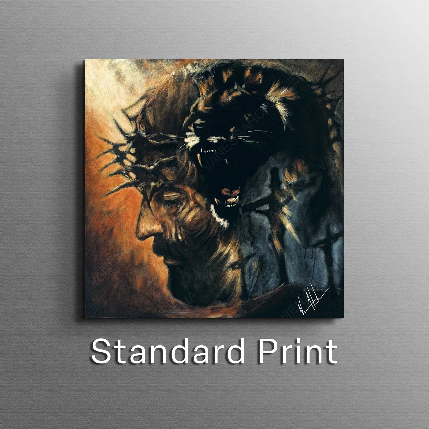 Square lion portrait wall art print with black mane and amber orange side lighting