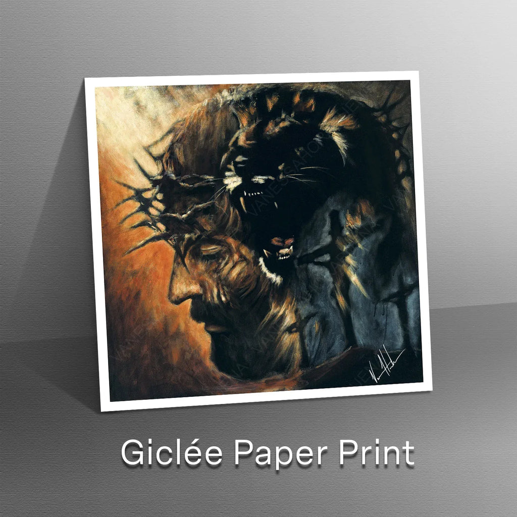 Square lion portrait art print with warm orange left and dark blue-black right