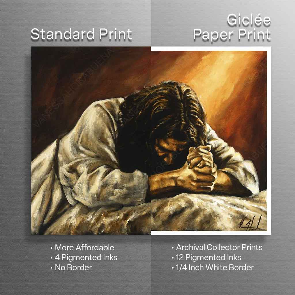 Framed print of a praying man with clasped hands, shown with paper option label