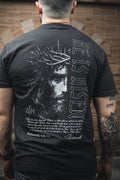 Black graphic t-shirt with large back portrait and Bible text print