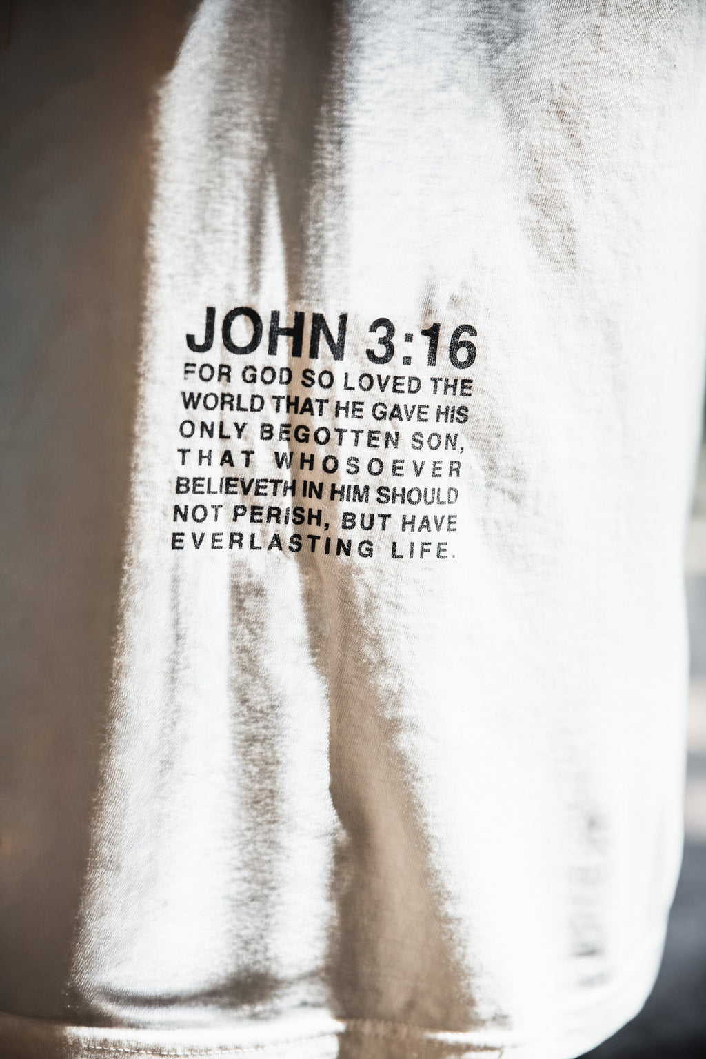 Ivory graphic T-shirt, “JOHN 3:16” scripture text print on front