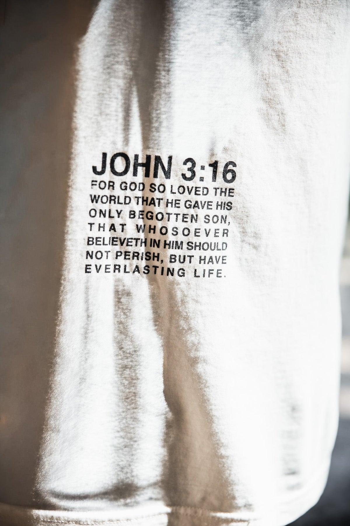 Ivory graphic T-shirt, “JOHN 3:16” scripture text print on front