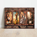 Landscape canvas wall art with lion, soldier, dog, and cat panels; “Be Strong” top text.