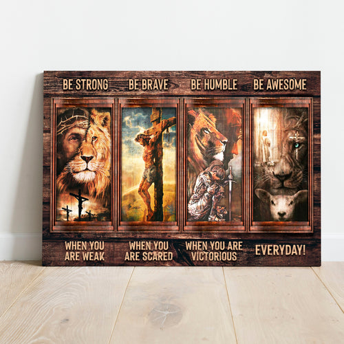 Landscape canvas wall art with lion, soldier, dog, and cat panels; “Be Strong” top text.
