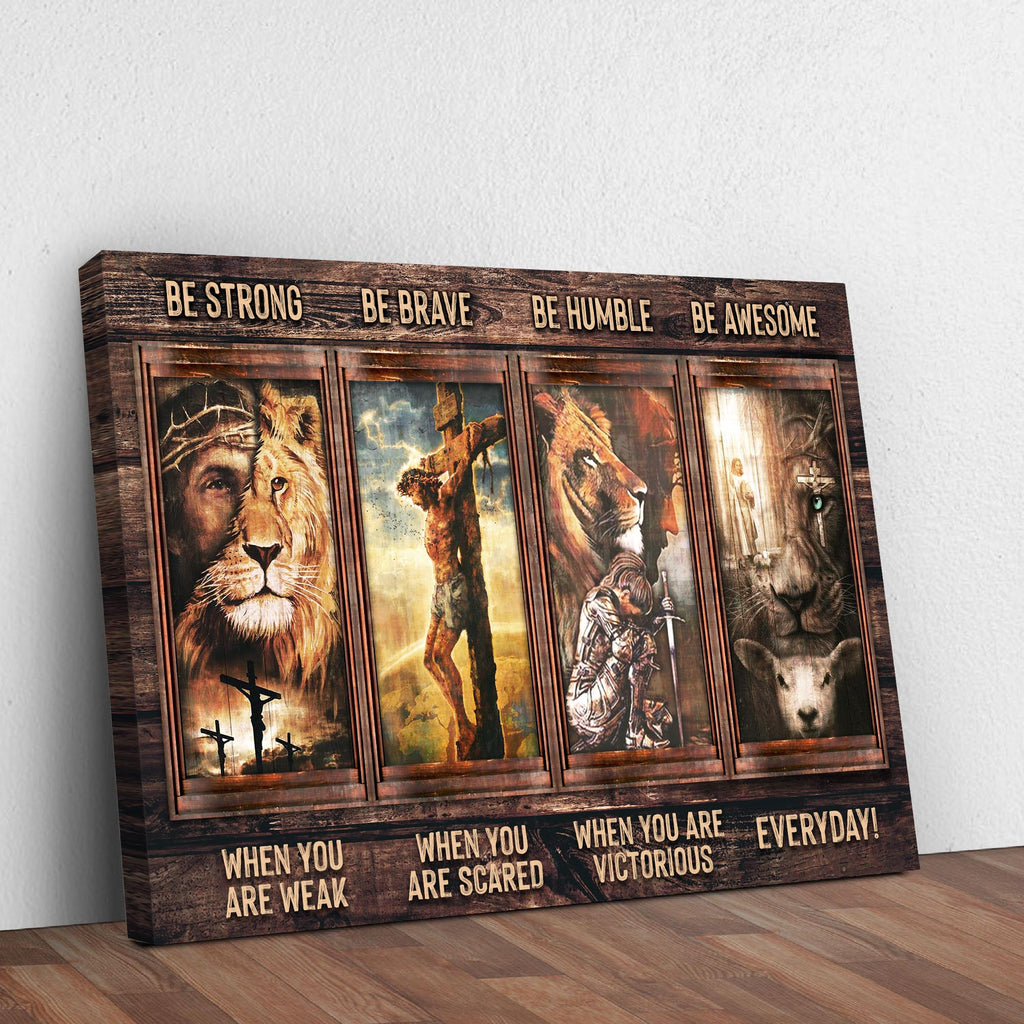 Landscape canvas wall art featuring lion portrait, soldier figure, and animal faces in panels.