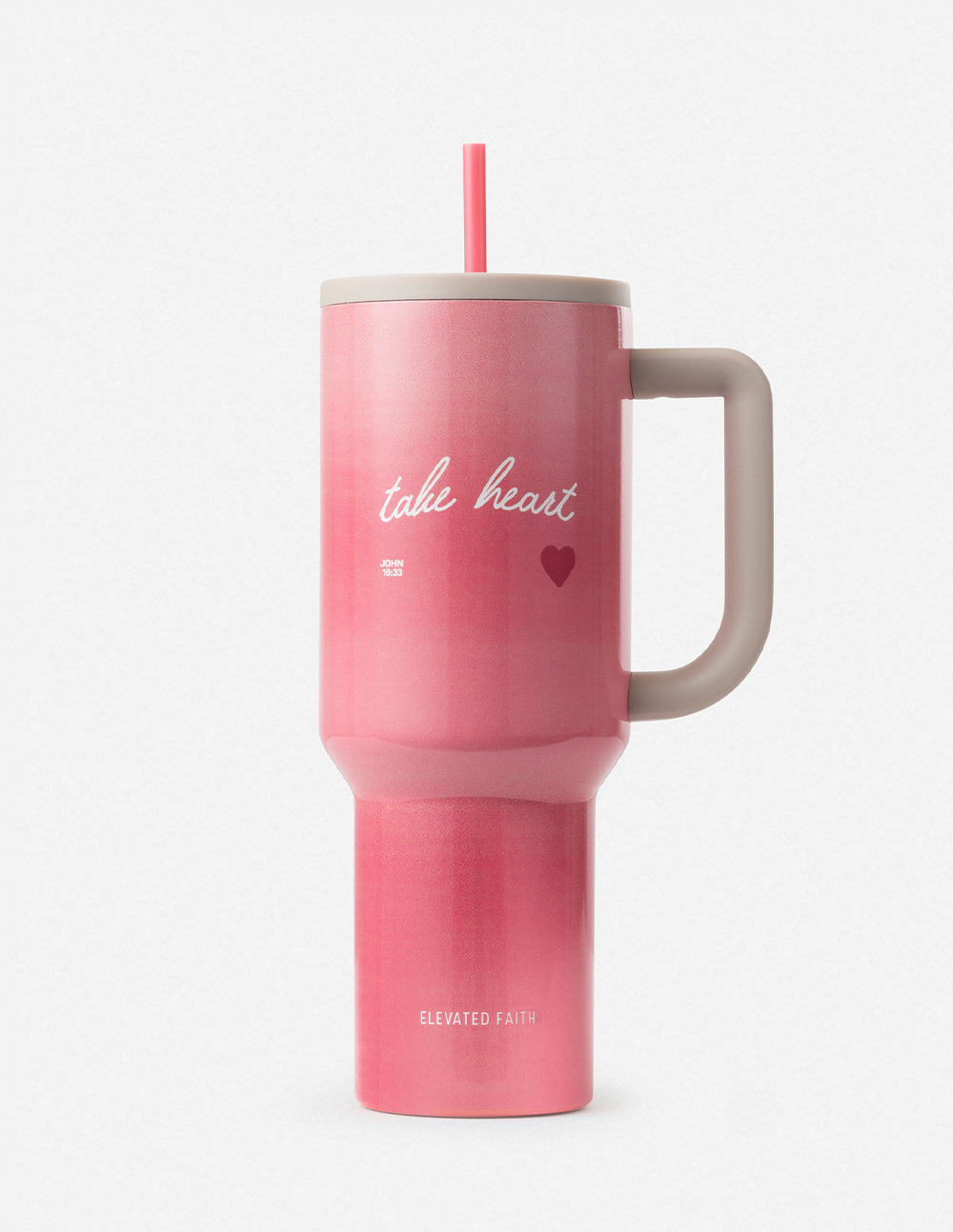 40 oz Ascend tumbler, pink with beige lid and red straw, take heart logo