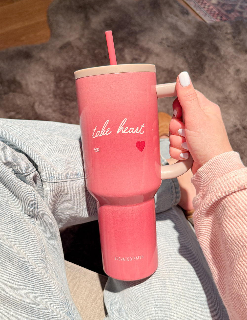40 oz Ascend tumbler, pink with beige handle, red straw, take heart heart logo