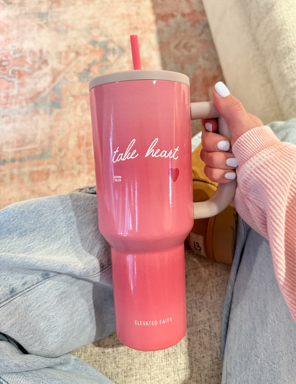 40 oz Ascend tumbler, pink with beige handle, red straw, take heart design