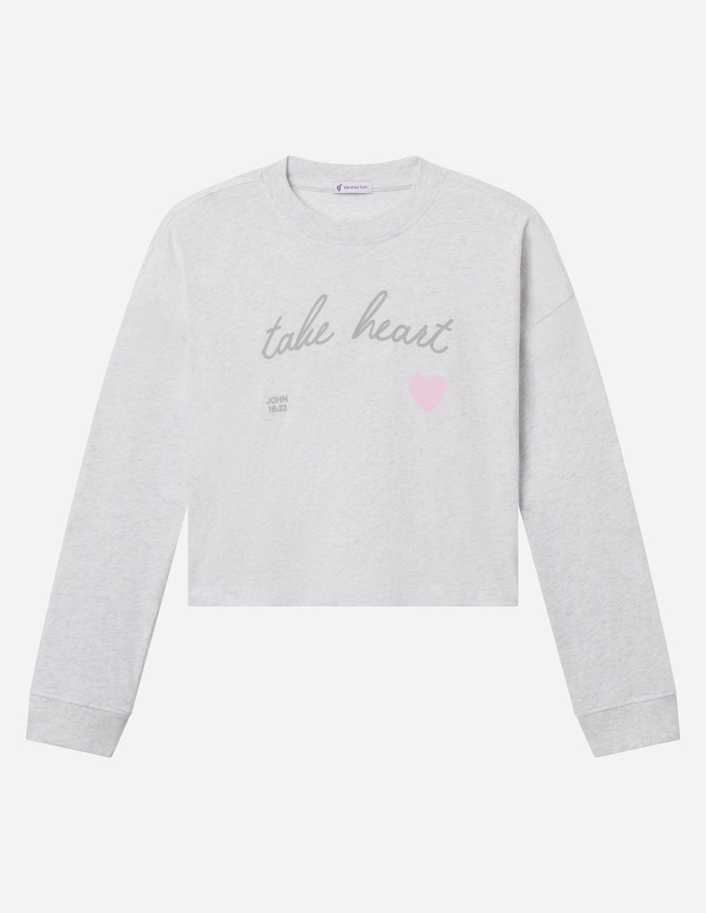 Heather gray cropped long-sleeve women's tee, crew neck, script text and pink heart print