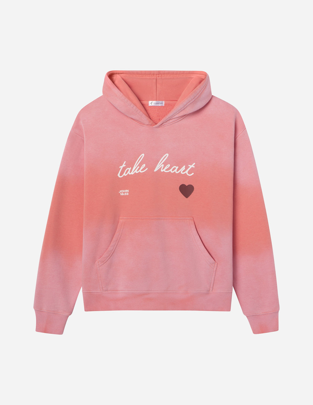 Pink unisex hoodie with 'take heart' script and heart graphic, front view