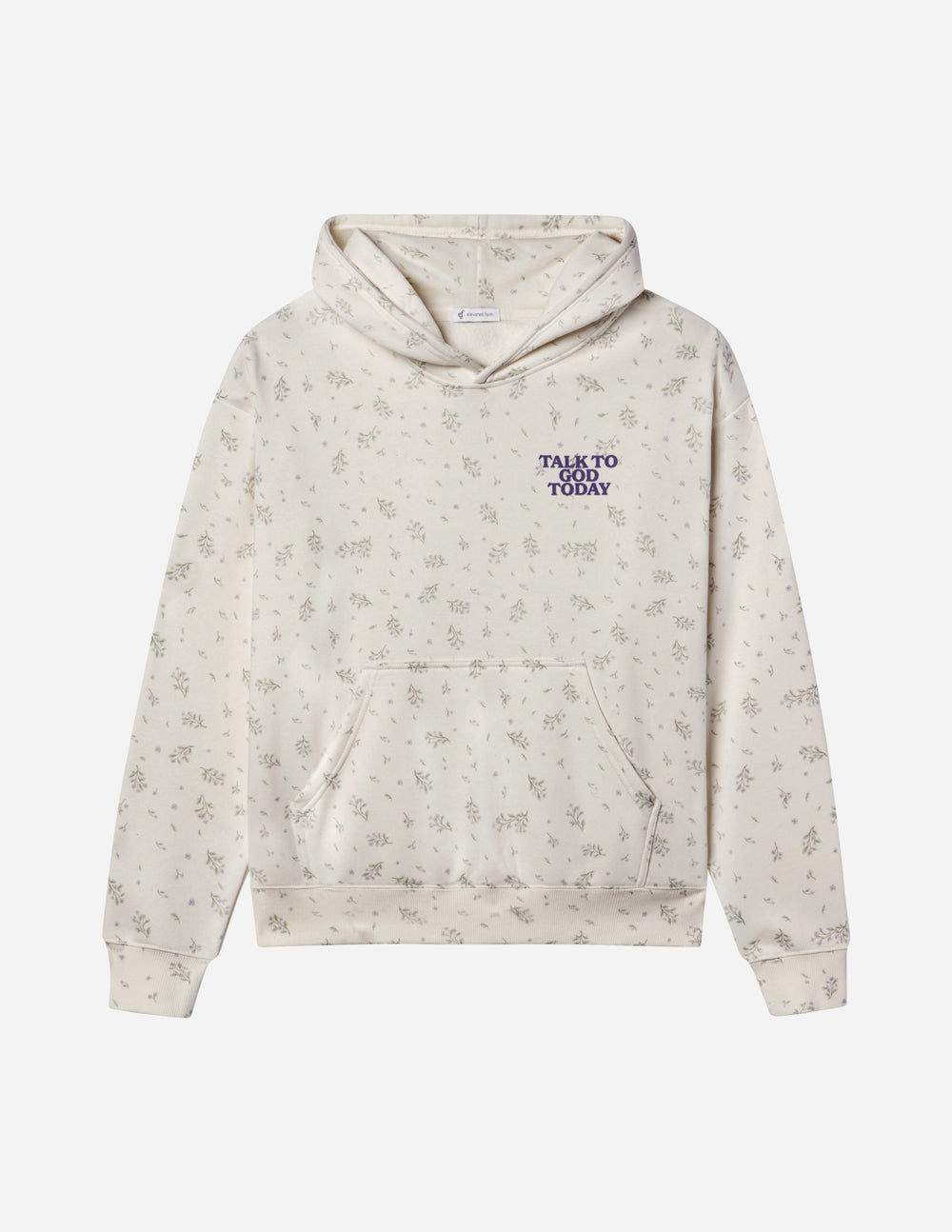 Cream wildflower-print hoodie with front chest logo, hood and kangaroo pocket visible