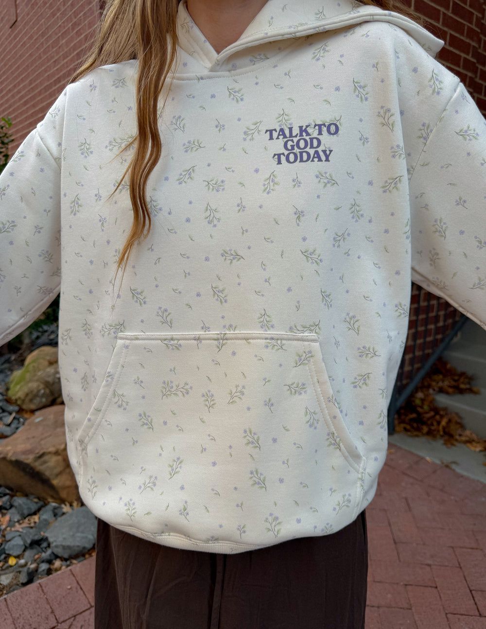 Cream wildflower-print unisex hoodie with front “Talk to God Today” chest logo
