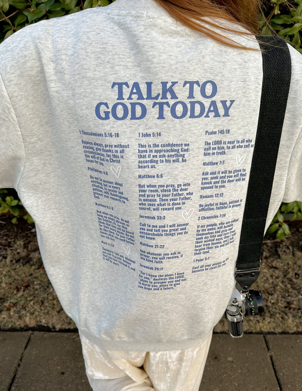 Heather gray crewneck sweatshirt with blue back Talk to God Today text