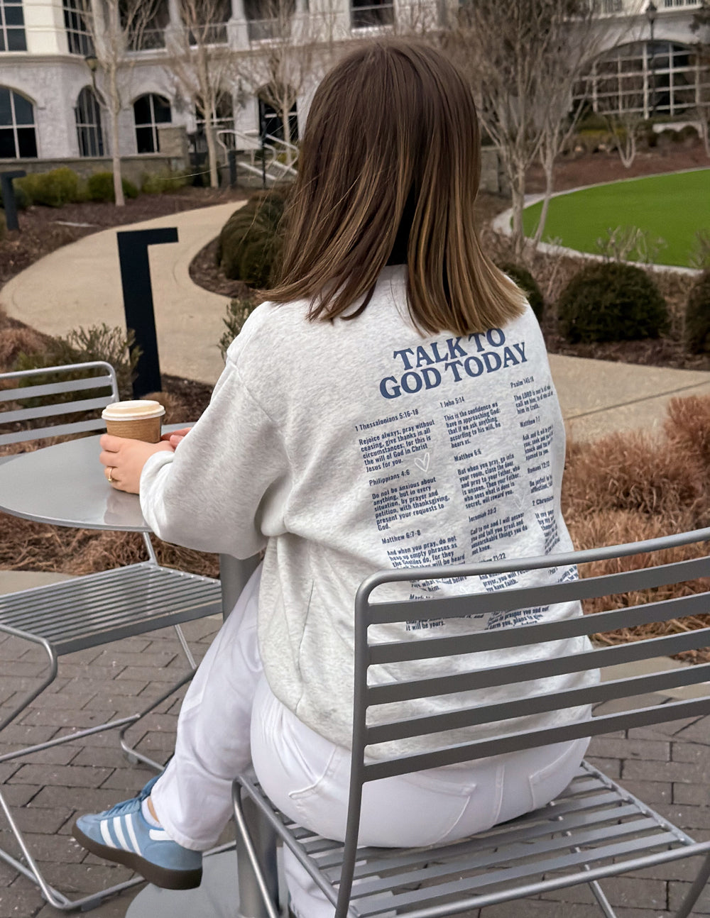 Heather gray unisex crewneck sweatshirt with blue back verse text panel