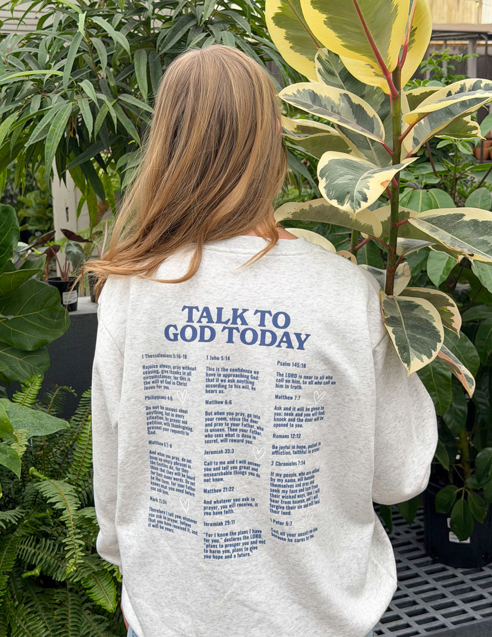 Heather gray crewneck sweatshirt with blue back panel text print