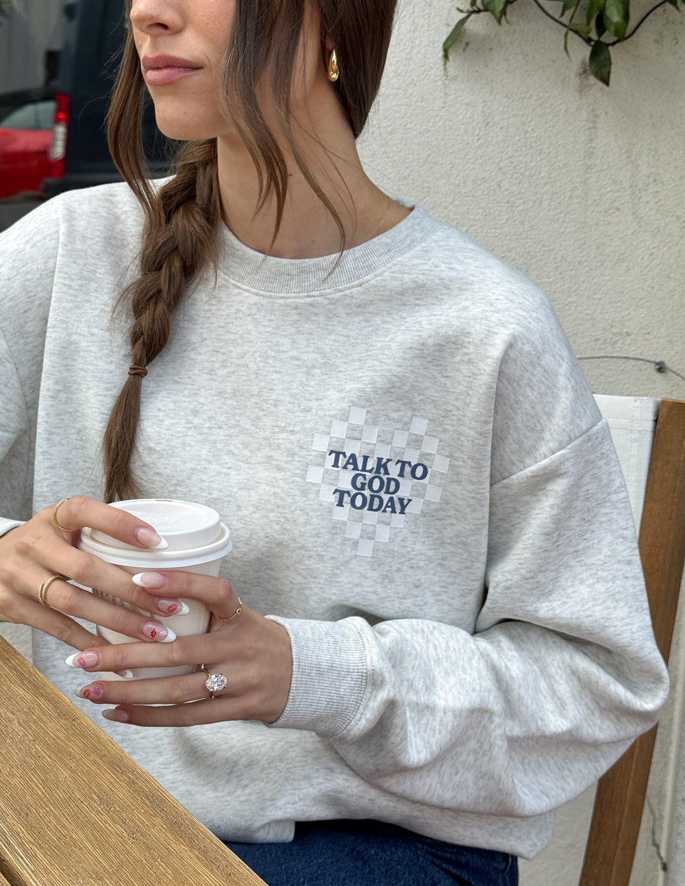Light heather gray crewneck sweatshirt with small “Talk to God Today” chest logo.