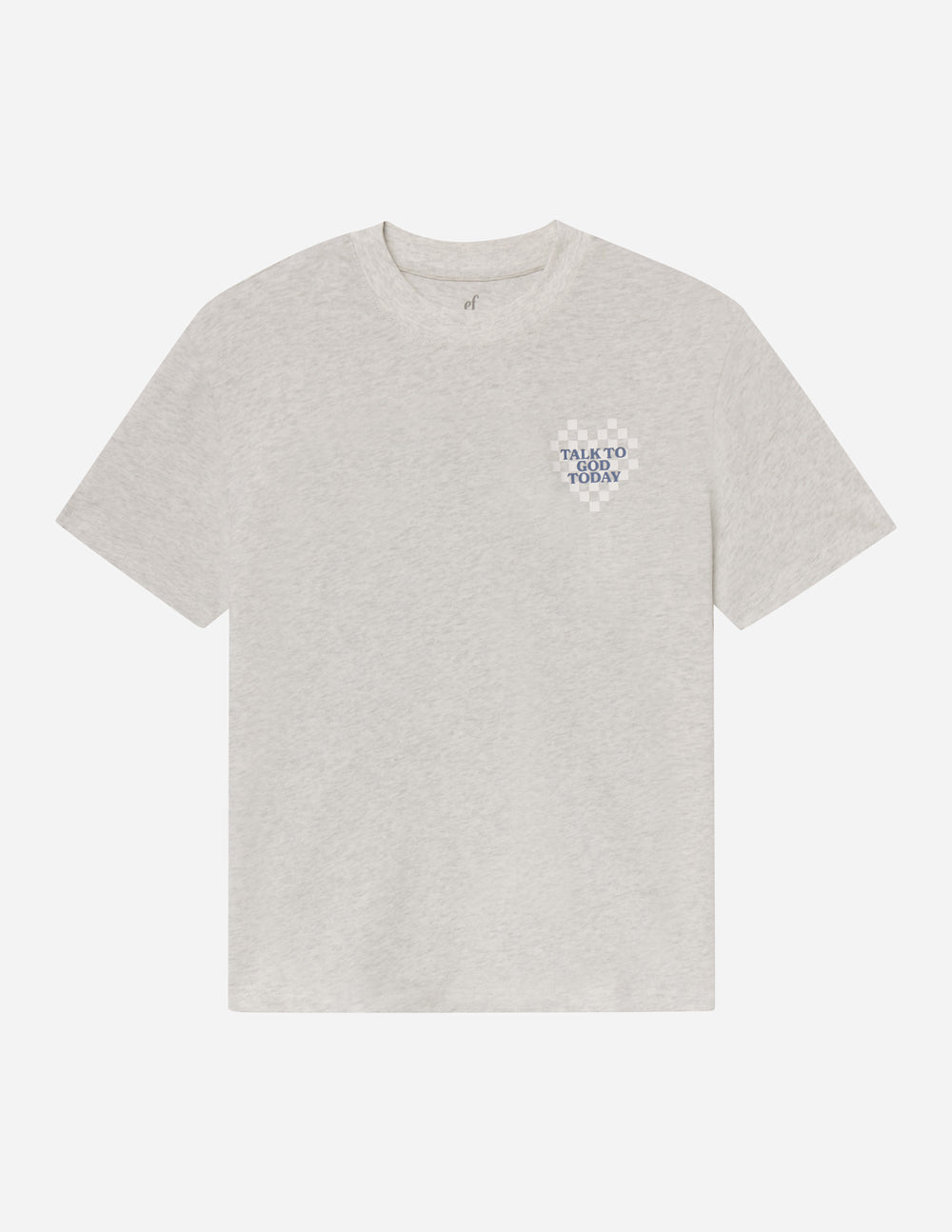 Light heather gray unisex graphic T-shirt with small chest logo text