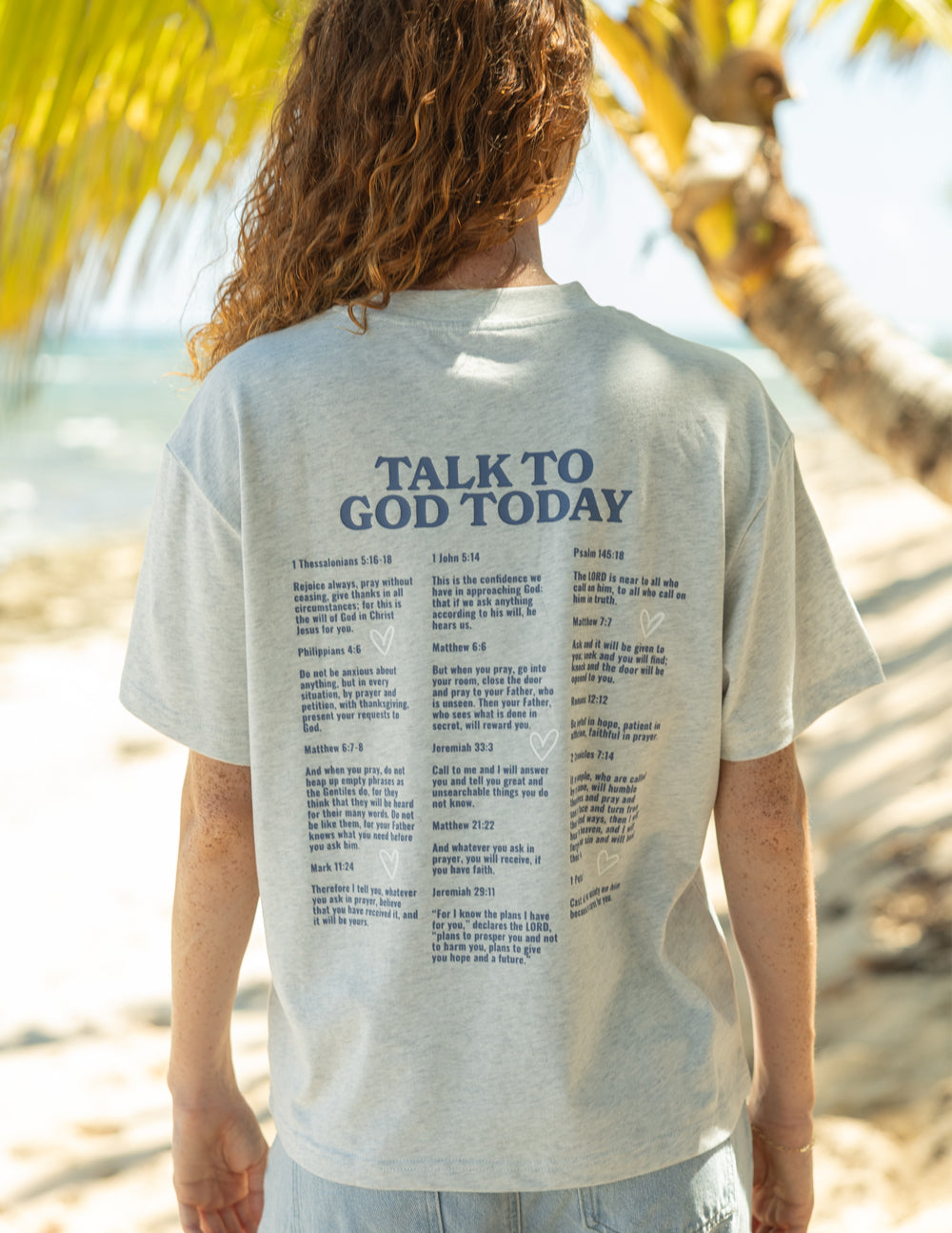 Light heather gray unisex T-shirt with large back scripture text print