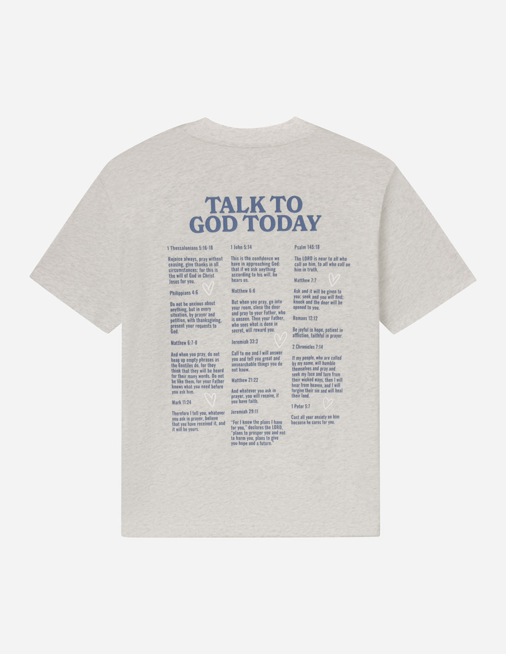 Light heather gray unisex T-shirt with large back scripture text graphic