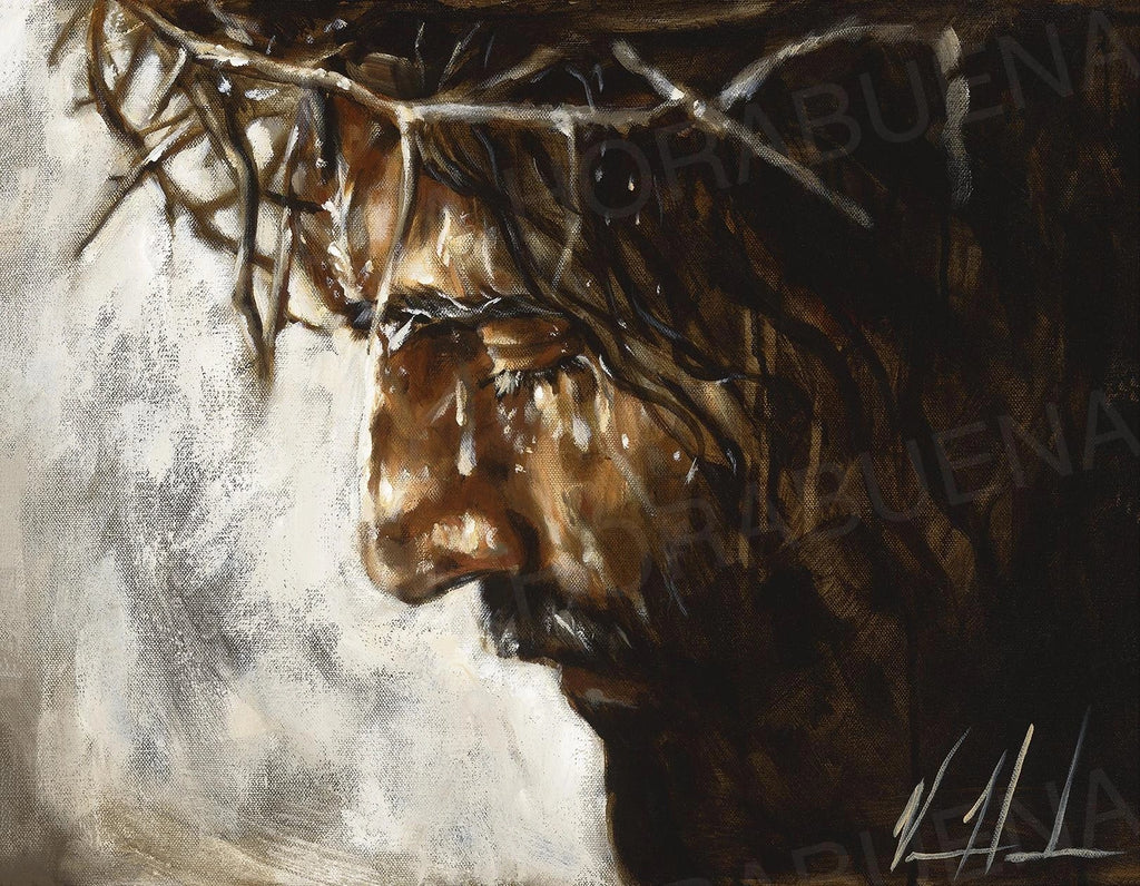 Portrait artwork print, close-up face in dark and gold tones with branches