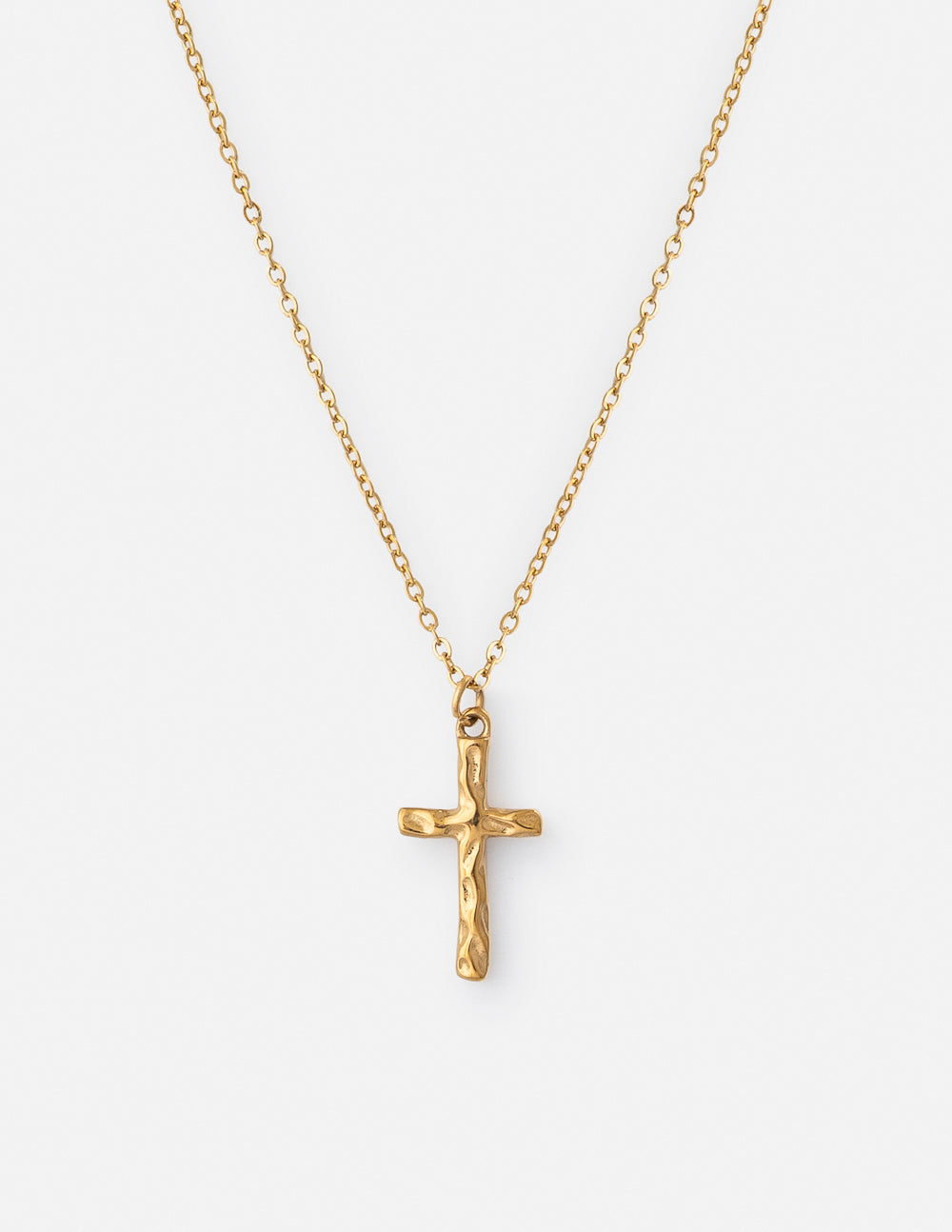 Gold-tone textured cross pendant on thin chain necklace