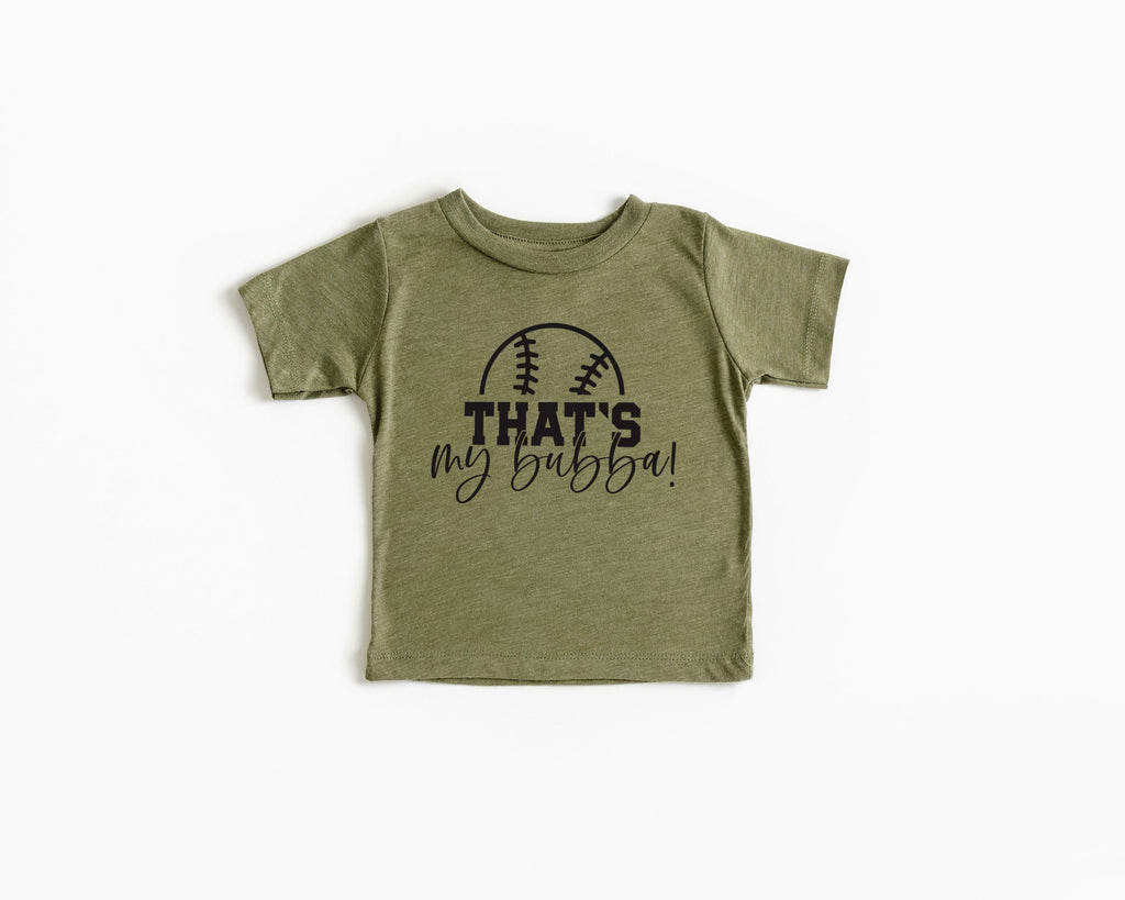 Olive green kids graphic T-shirt with football logo and text "THAT'S my bubba!"