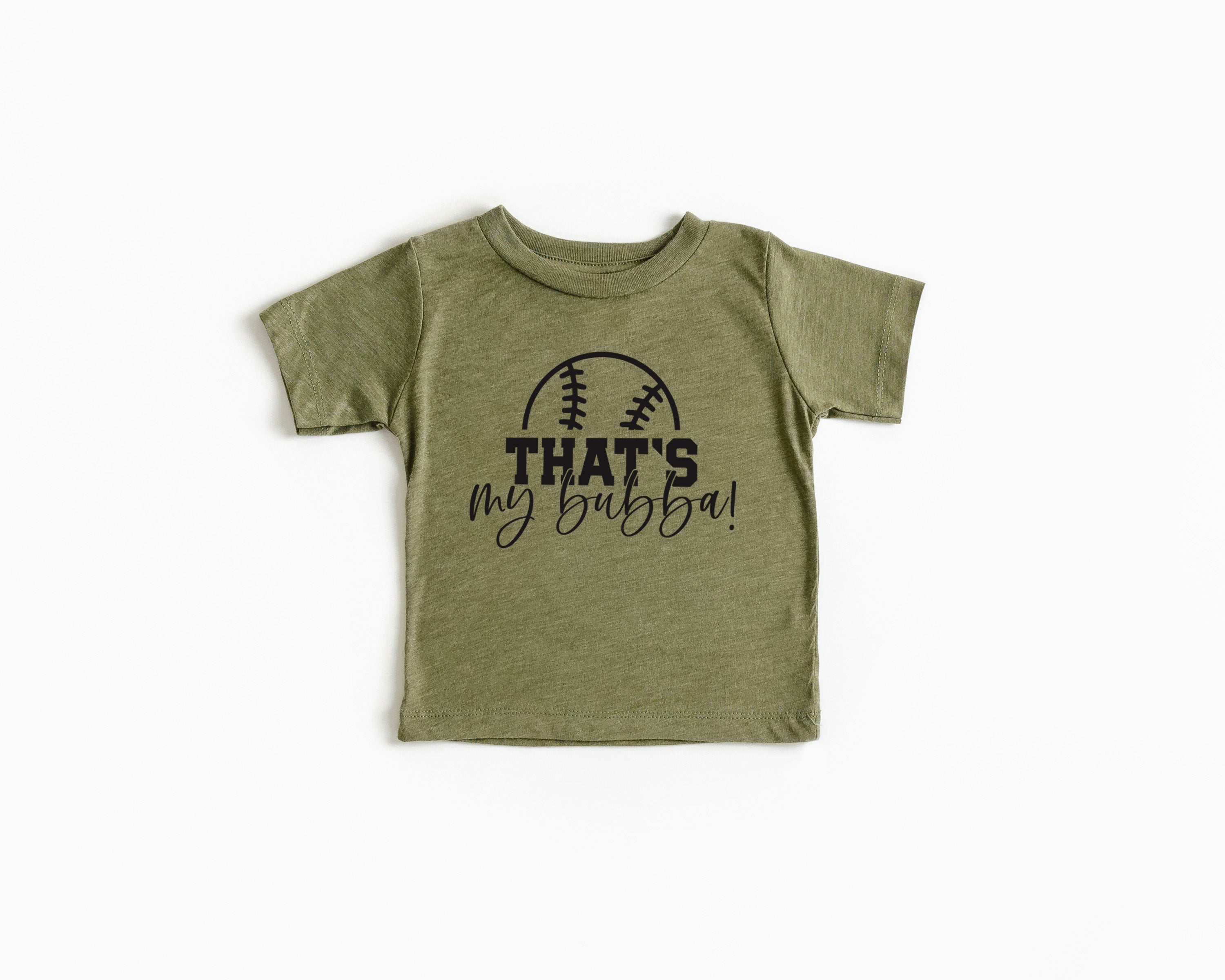 Olive green kids graphic T-shirt with football logo and text "THAT'S my bubba!"