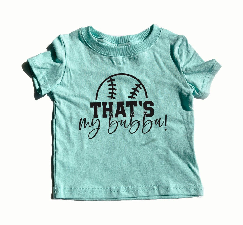 Teal kids graphic T-shirt with football logo and text "THAT'S my bubba!"