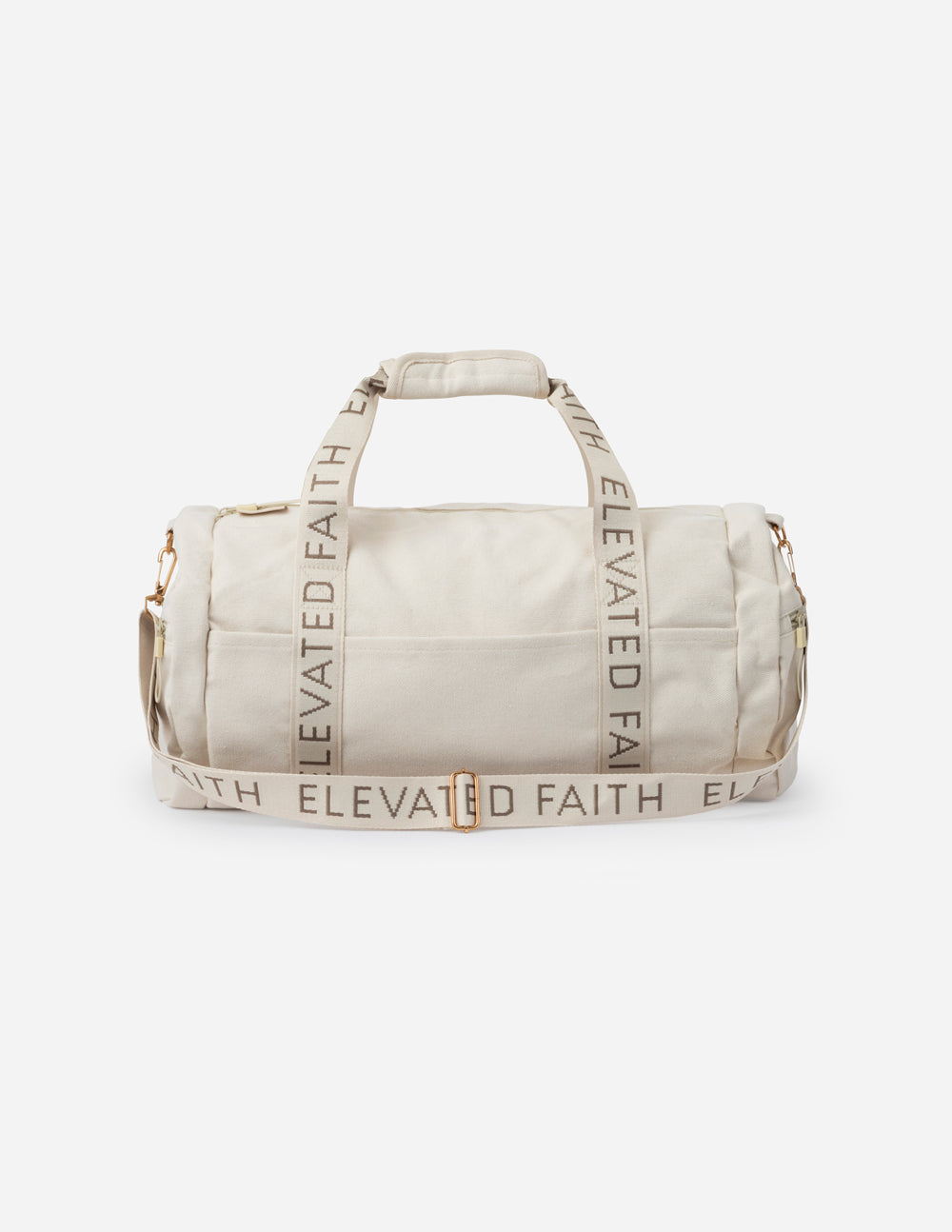 Cream canvas duffel bag front with Elevate Faith webbing strap and handles.