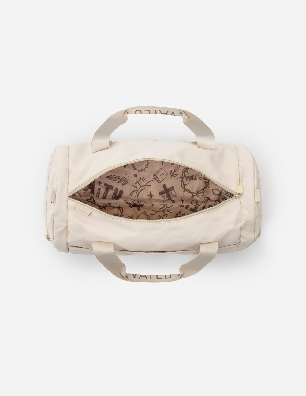 Cream duffel bag with brown patterned lining and interior zipper pocket.