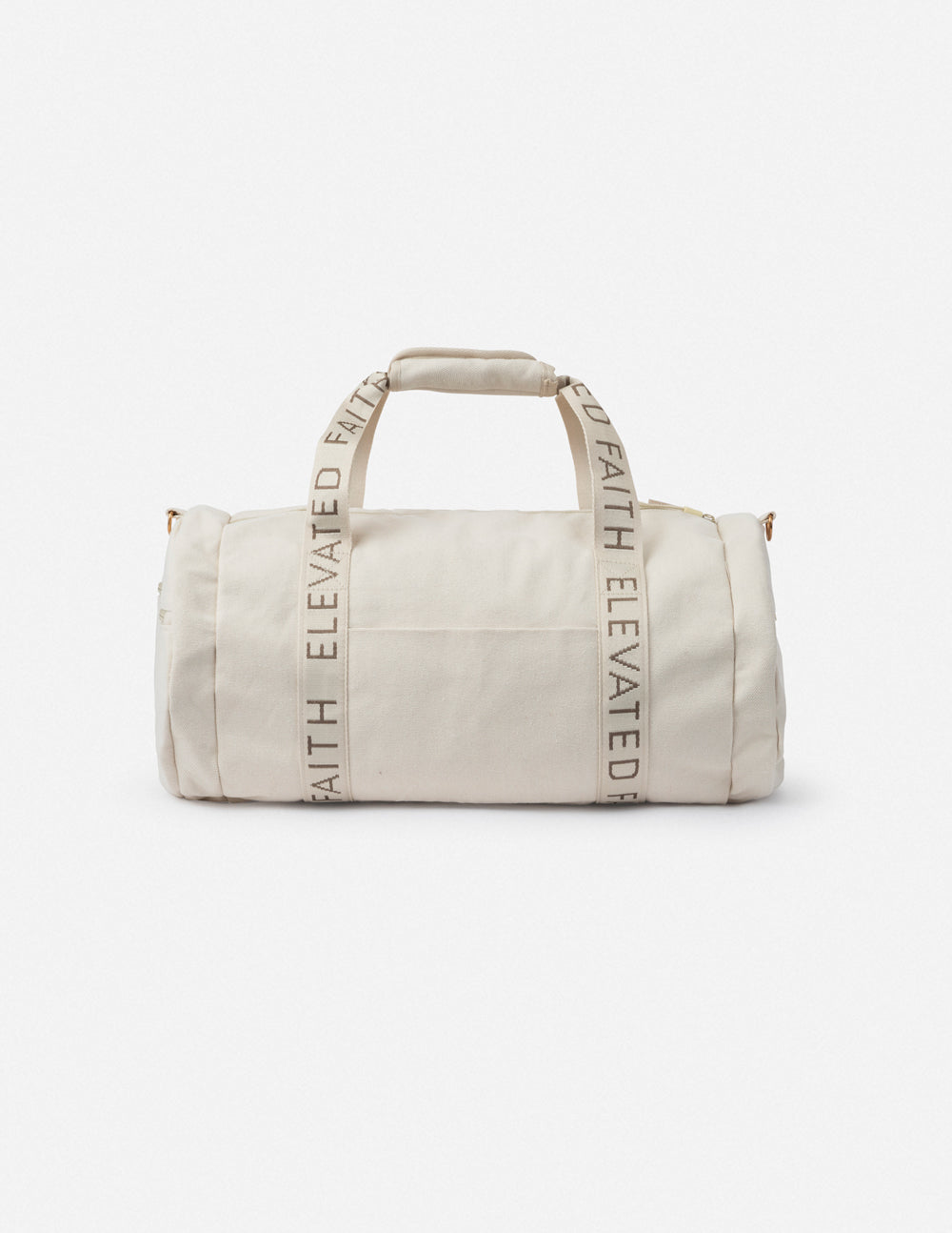 Cream canvas duffel bag with Elevate Faith webbing panels and top handles.