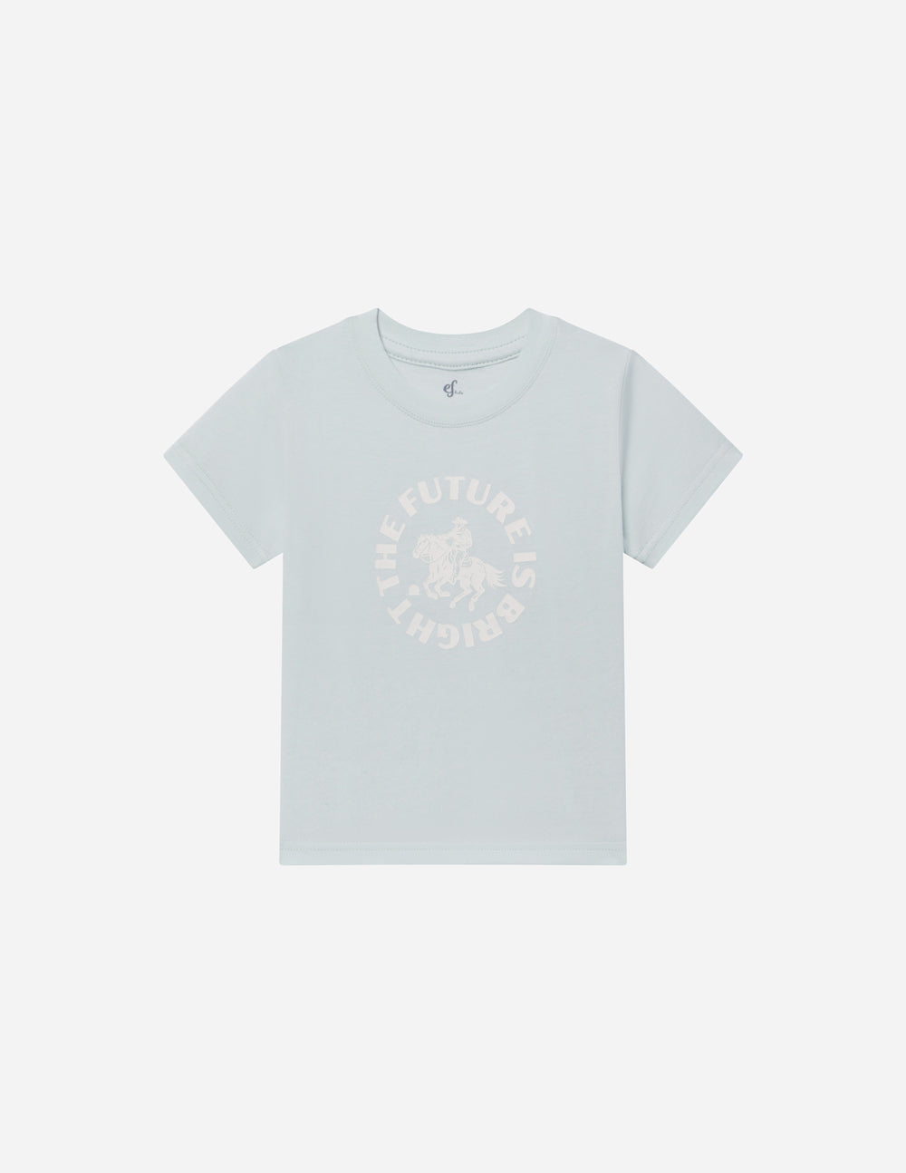 Kids mint graphic T-shirt with crew neck and short sleeves, centered text and horse illustration.