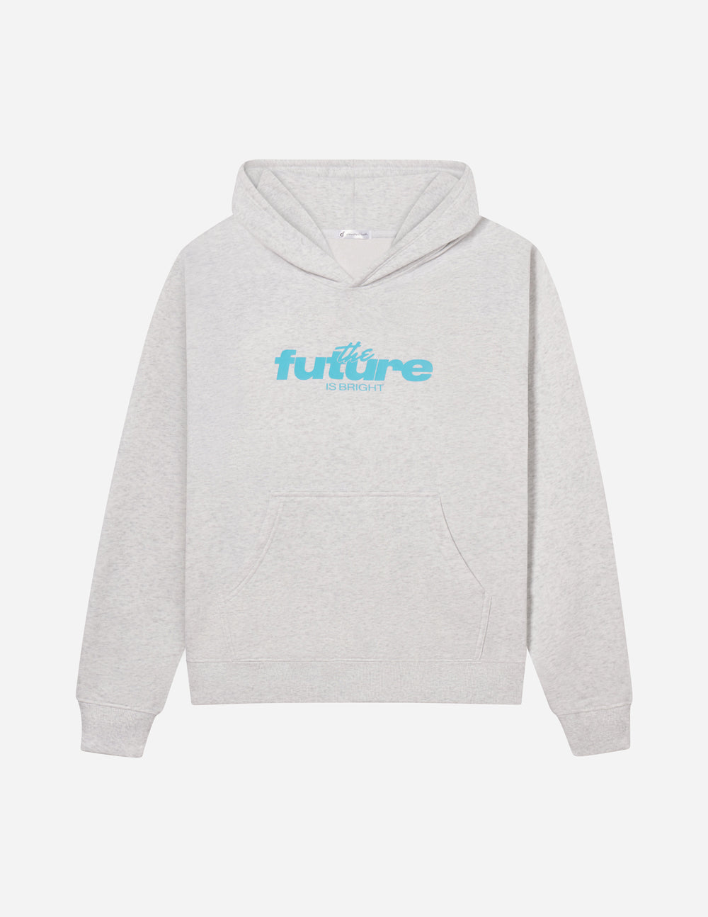 Light gray unisex hoodie, teal front logo, pullover hood with drawstring