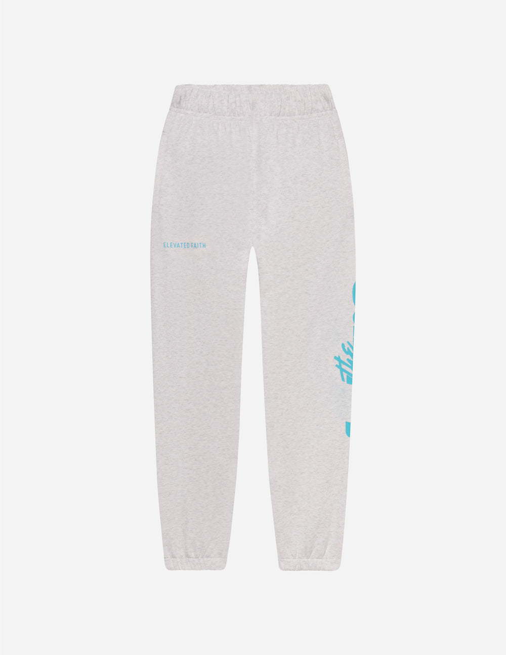 Light gray unisex sweatpants with teal side graphic, relaxed straight-leg fit