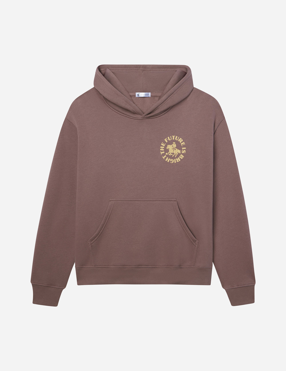 Mauve unisex hoodie with hood, kangaroo pocket, and small gold logo on left chest.