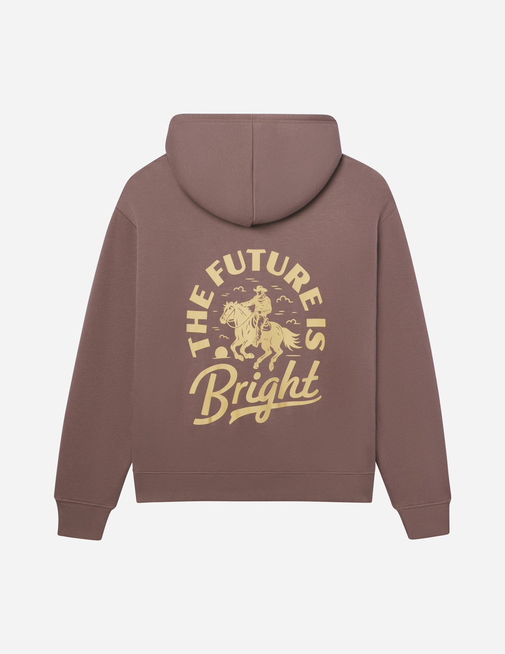 Mauve unisex hoodie with hood and large gold rodeo graphic on back.