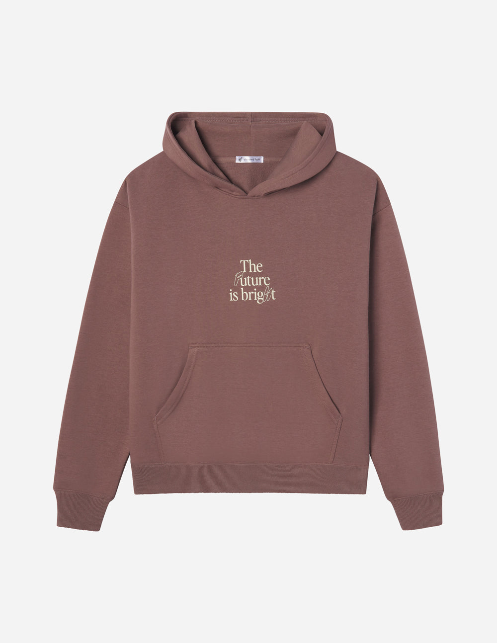 Brown unisex hoodie with front pocket and printed 'The future is bright!'