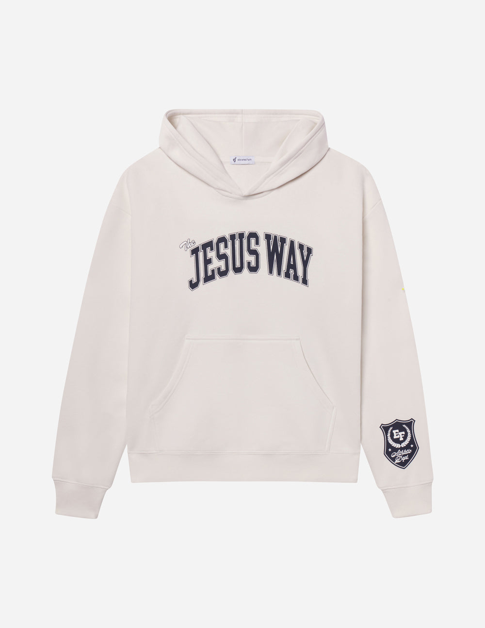 Unisex light hoodie with 'JESUS WAY' chest print and dark sleeve logo patch