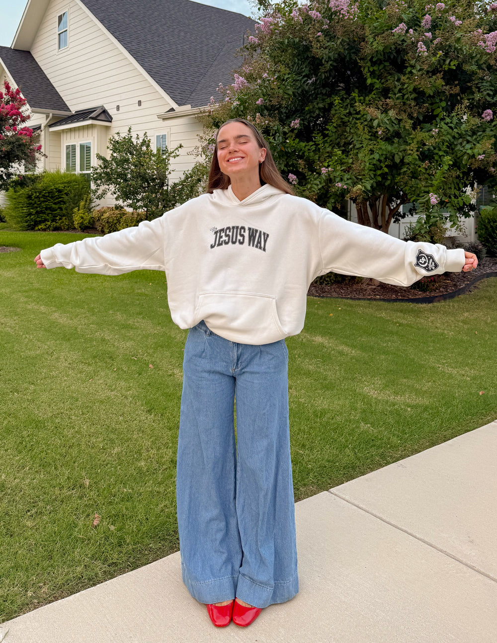 Unisex white hoodie with “JESUS WAY” front print and hood, relaxed fit