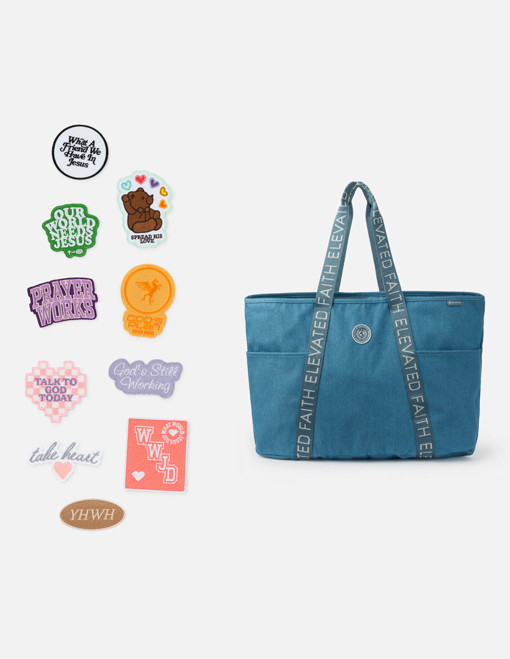 Blue denim tote bag with embroidered patches displayed beside it