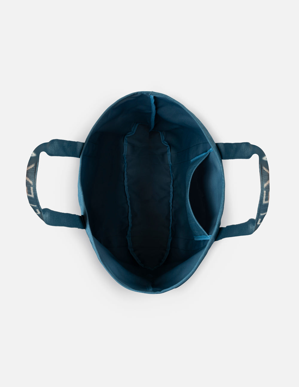 Open-top blue denim tote bag showing inner lining and side handles