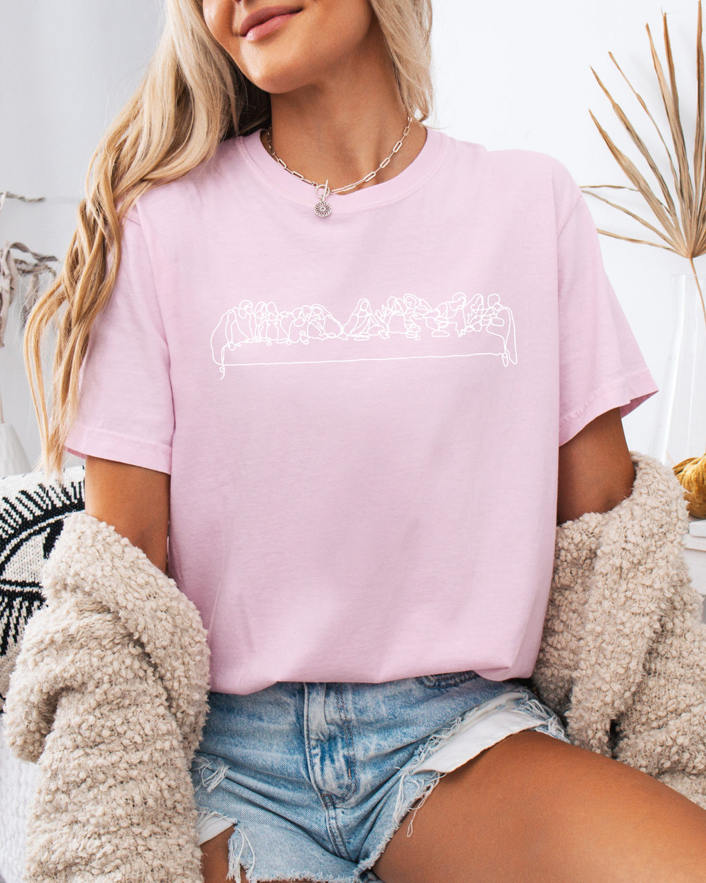 Unisex light purple T-shirt with white line Christian scene graphic across chest