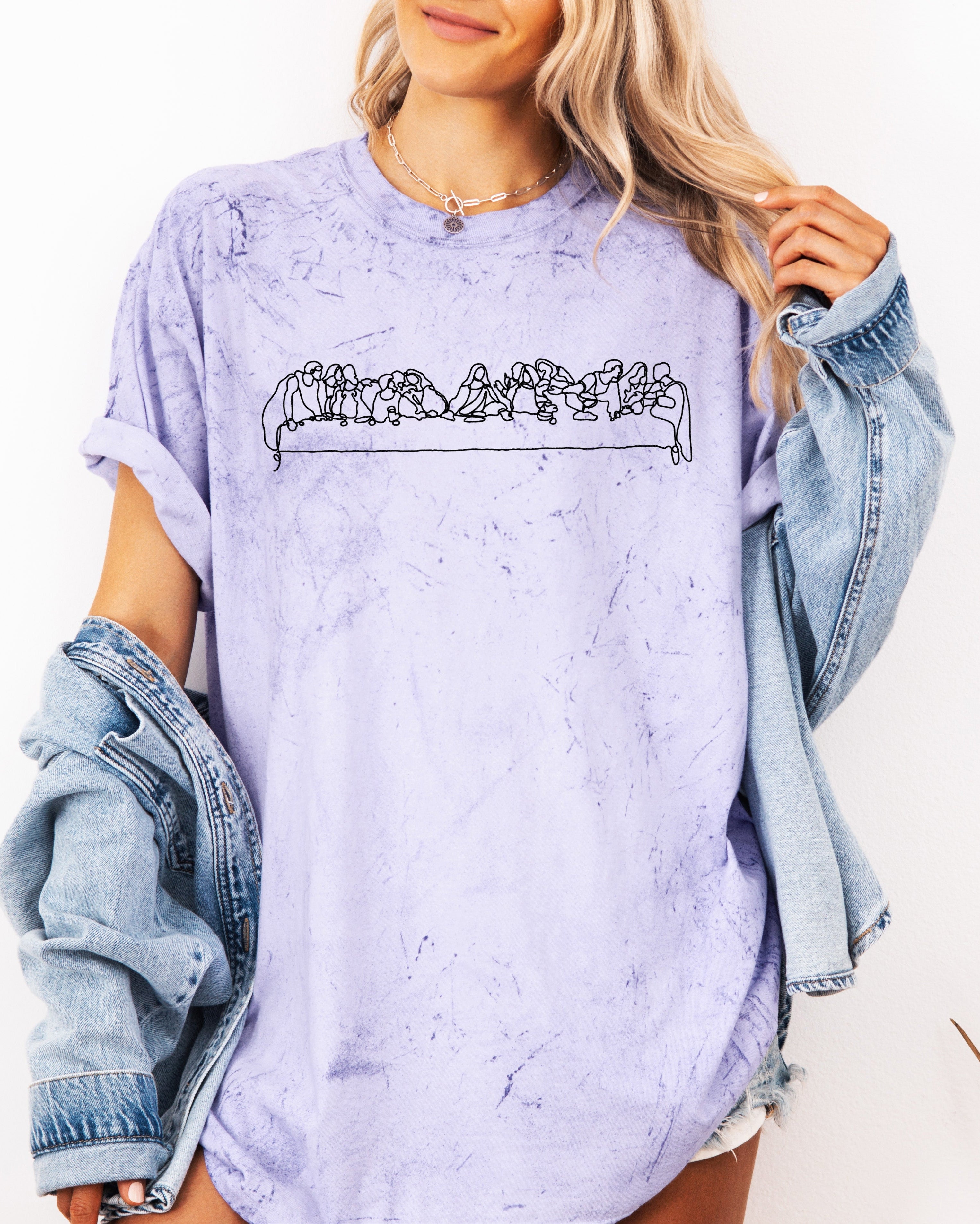 Lavender Christian graphic T-shirt with Last Supper line art