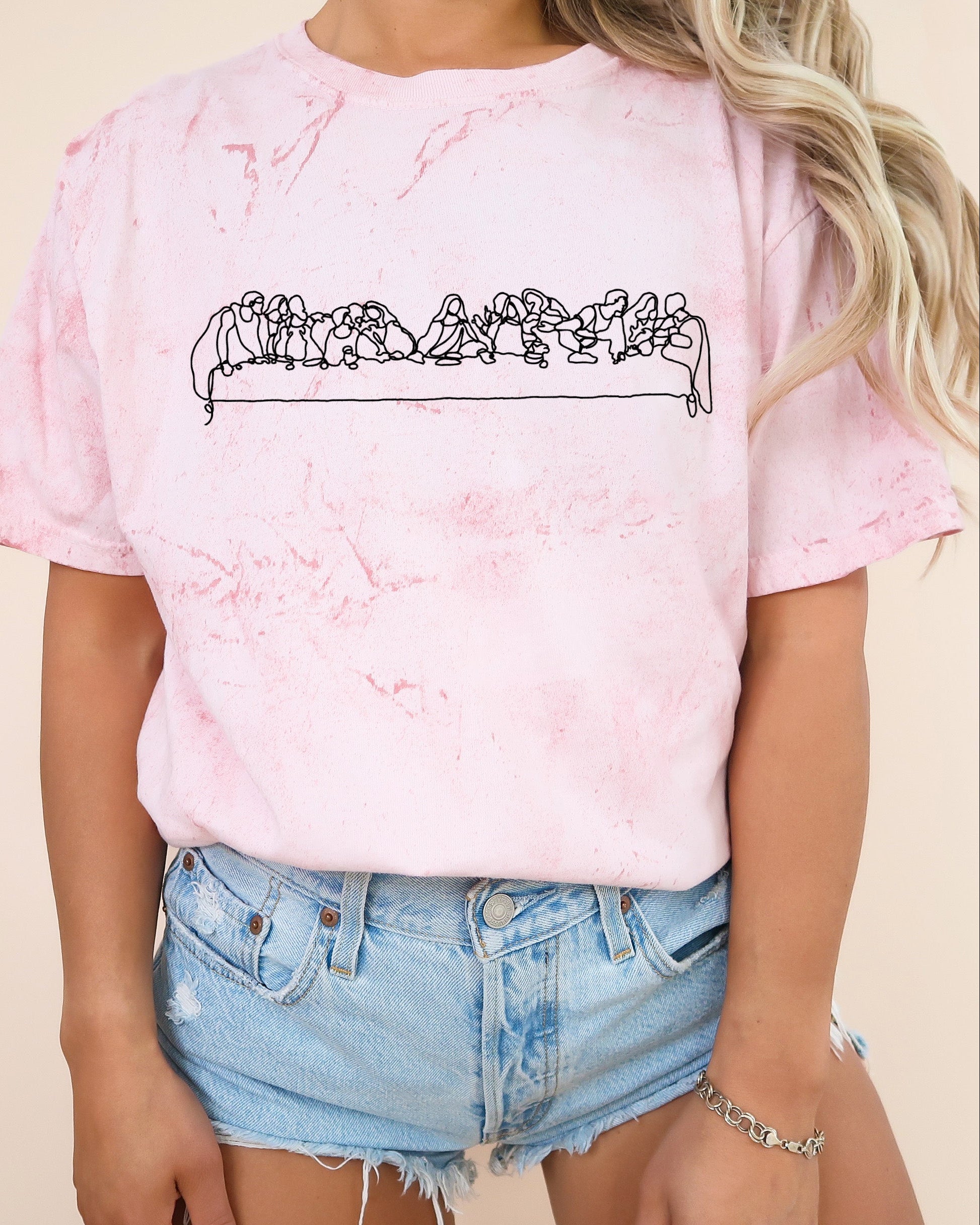 Light pink Christian graphic T-shirt with Last Supper line art
