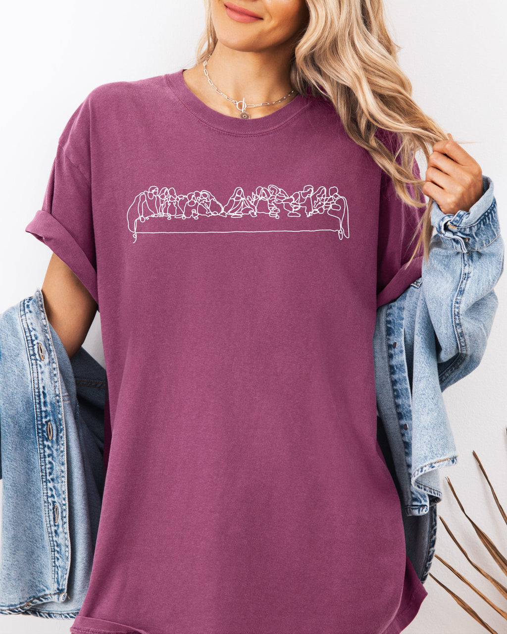 Purple Christian graphic T-shirt with Last Supper line art