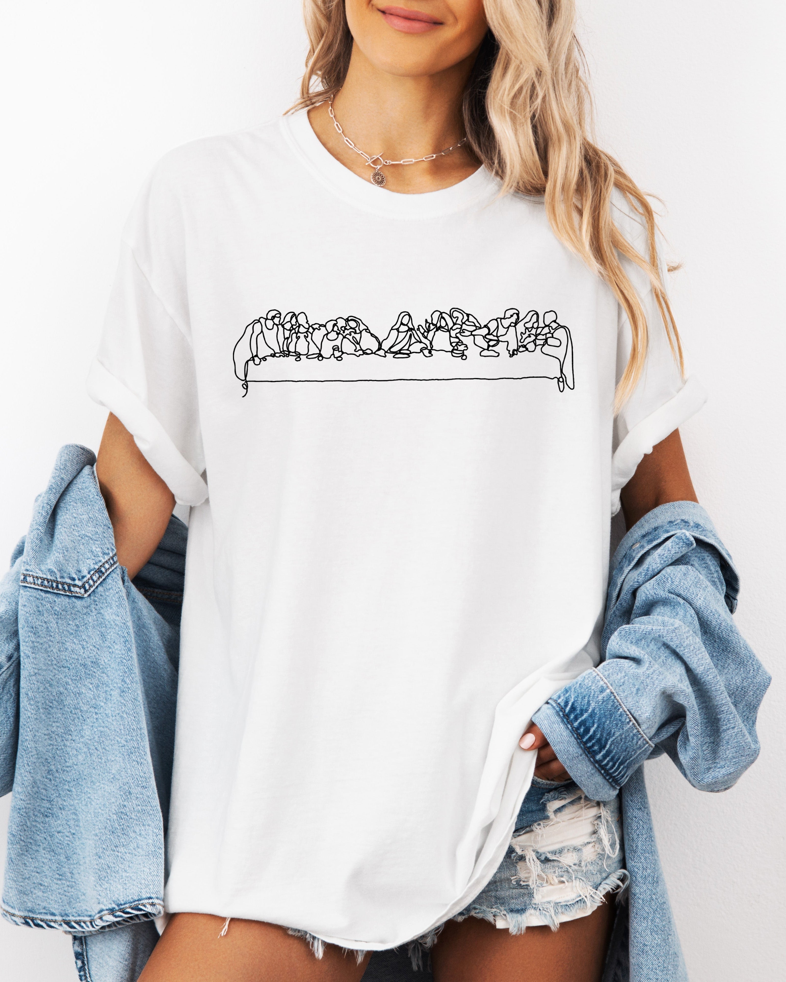 White Christian graphic T-shirt with Last Supper line art